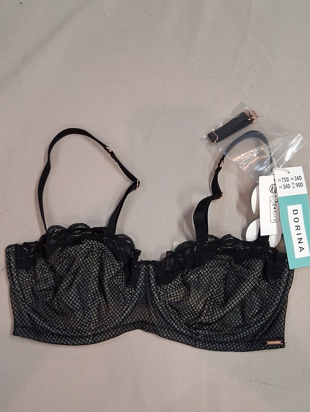 Dorina Addison Black Lace Underwire Balconette Bra 34D